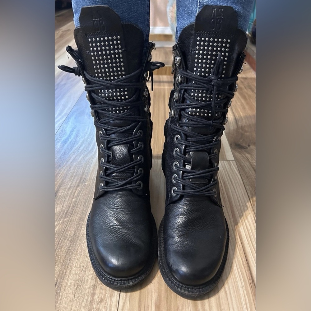 A.S.98 Black Combat Moto Boots Lace-Up Boots